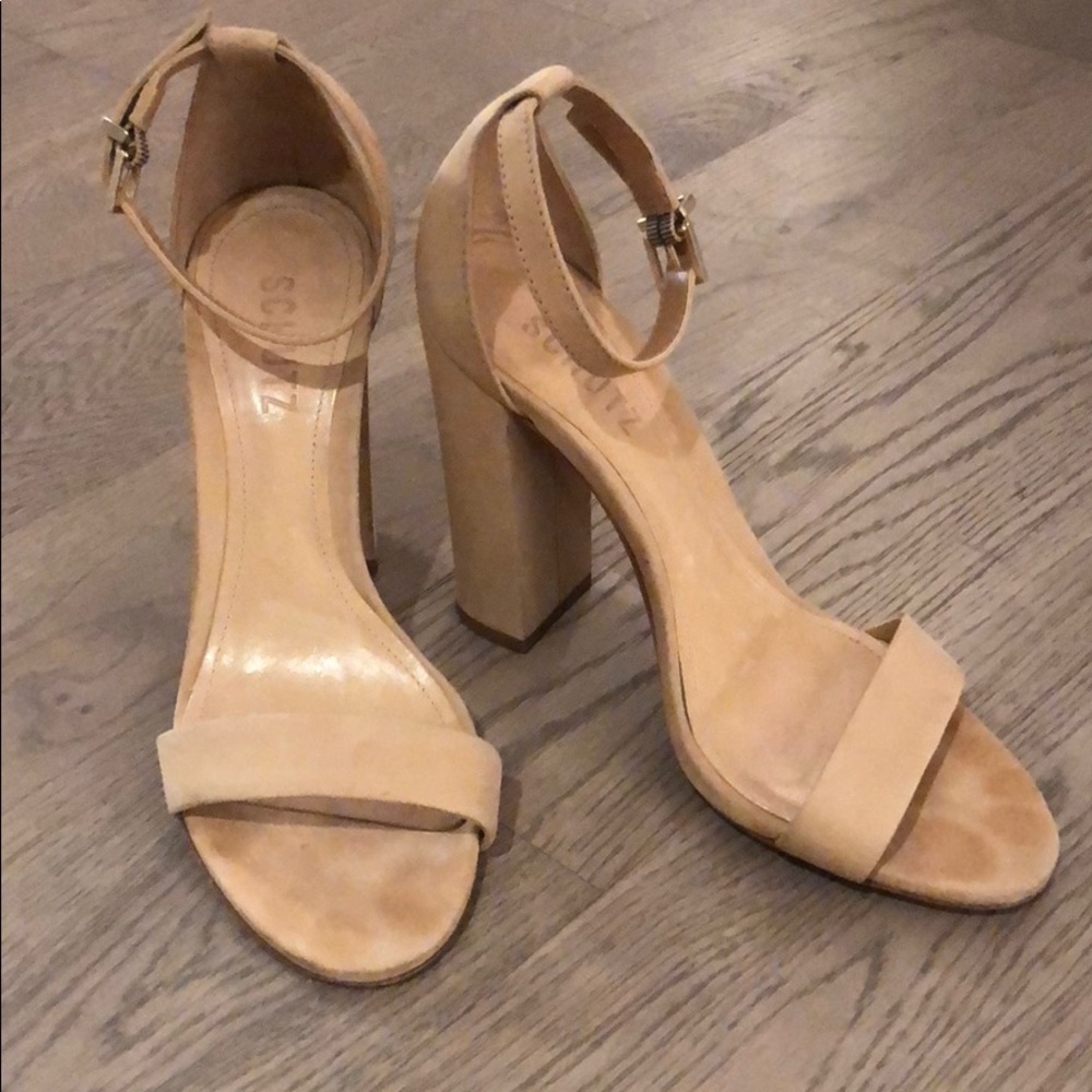 SCHUTZ Tan Ankle Strap Block Heel Sandals 7